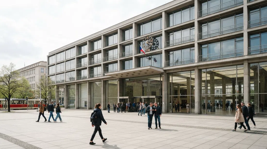 the functionalist façade and broad interior of the Trade Fair Palace in Holešovice, Prague, with clean lines and soft daylight on concrete and glass