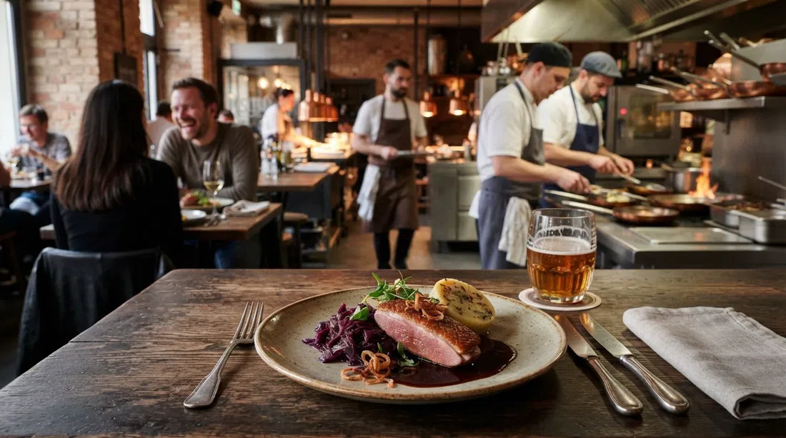 a plated modern Czech dish at The Eatery in Holešovice, Prague, with duck breast or braised beef styled in an open-kitchen restaurant setting