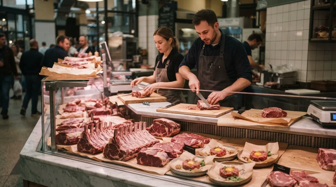 the marble butcher counter at Naše maso in the Holešovice market halls, with steaks, tartare and butcher paper under warm indoor light
