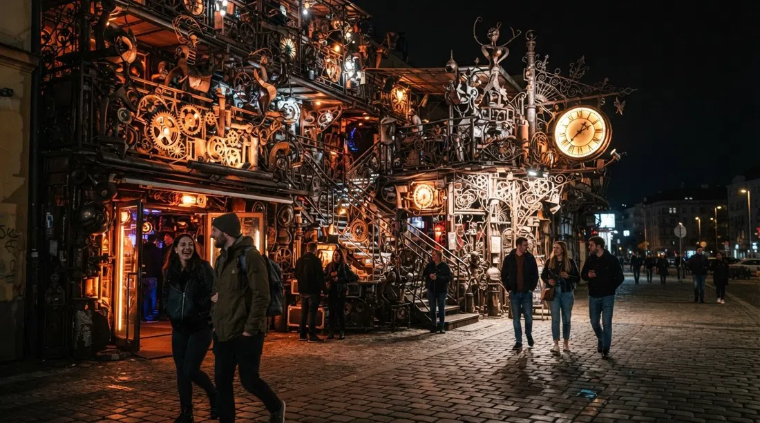 Cross Club on Plynární in Holešovice, Prague, with its steampunk metal façade, gears and industrial sculptures glowing at night