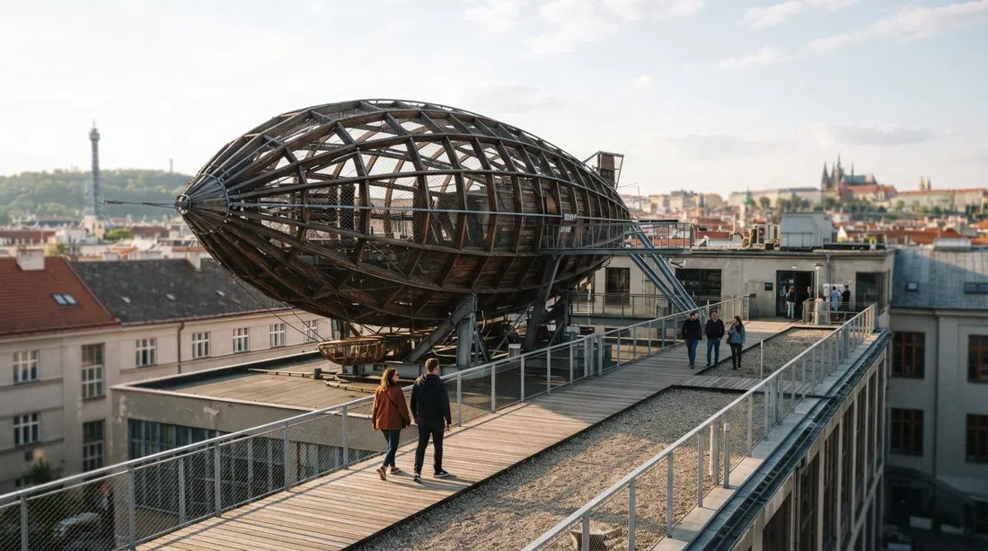 the rooftop Gulliver Airship at DOX in Holešovice, Prague, a wooden-and-steel blimp perched above the converted factory at late-afternoon light