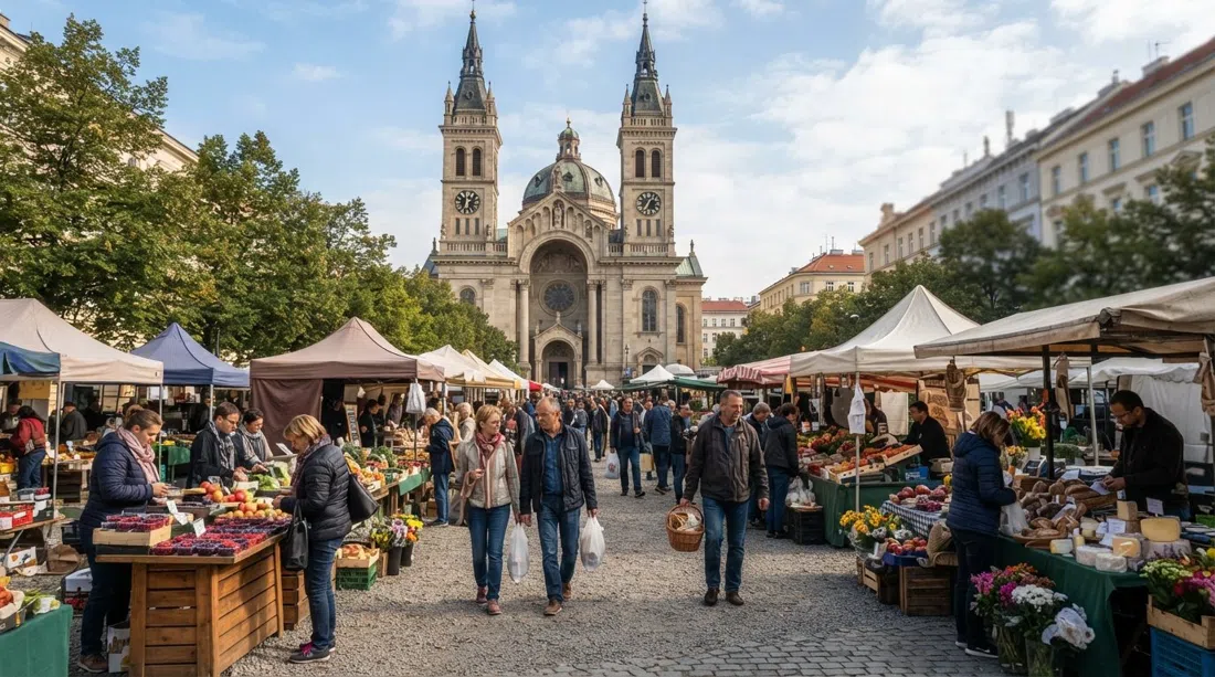 Karlínské náměstí i morgonljus med kyrkan Saints Cyril and Methodius som reser sig över lördagens bondemarknadsstånd