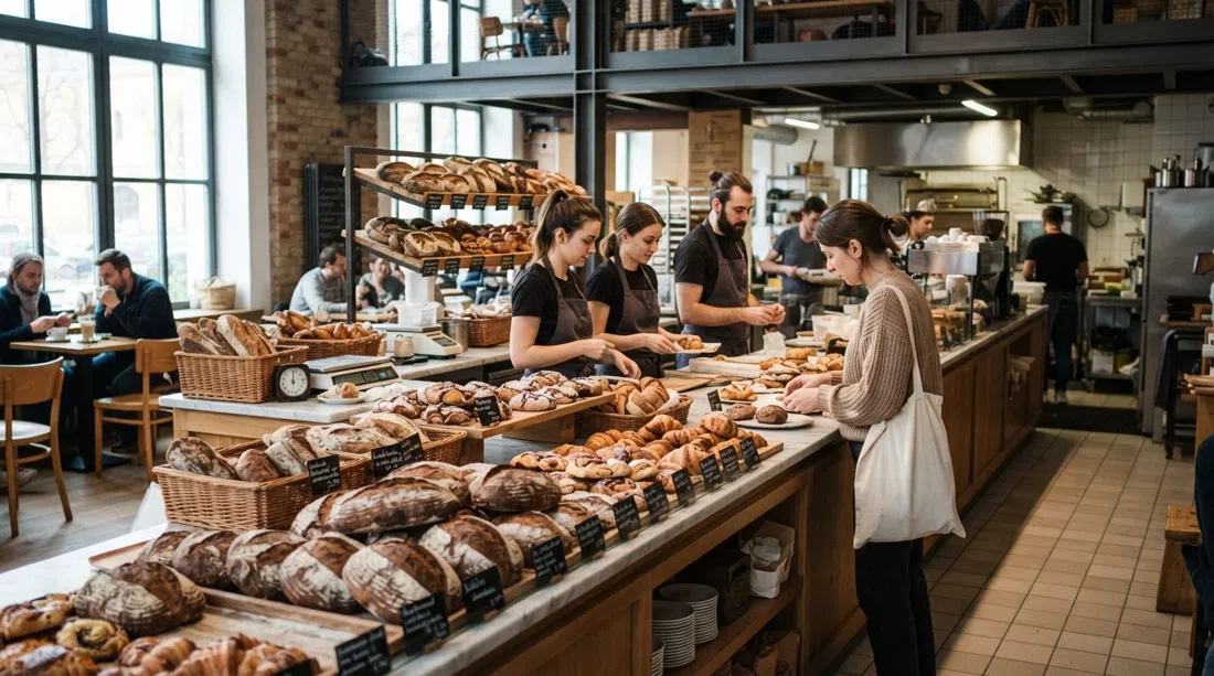 Eska bageridisken i Karlín med bokträ-bakade bröd, bakverk och varmt morgonljus på den moderna bistron inredning