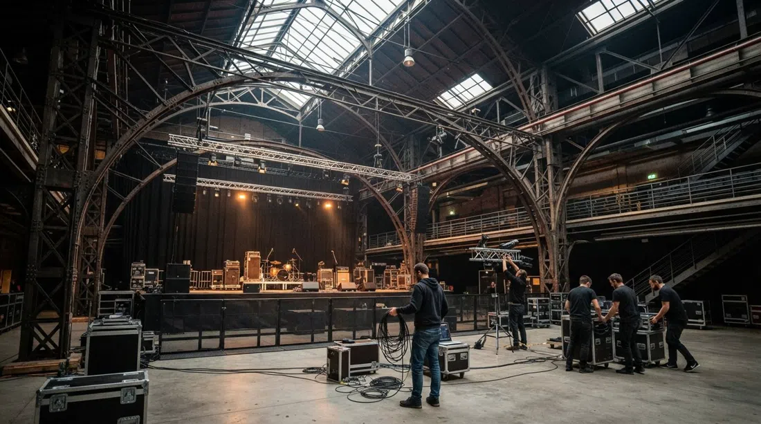 Forum Karlíns industriinredning med exponerad järnsmide och en konsertuppsättning inuti den före detta pannfabriken