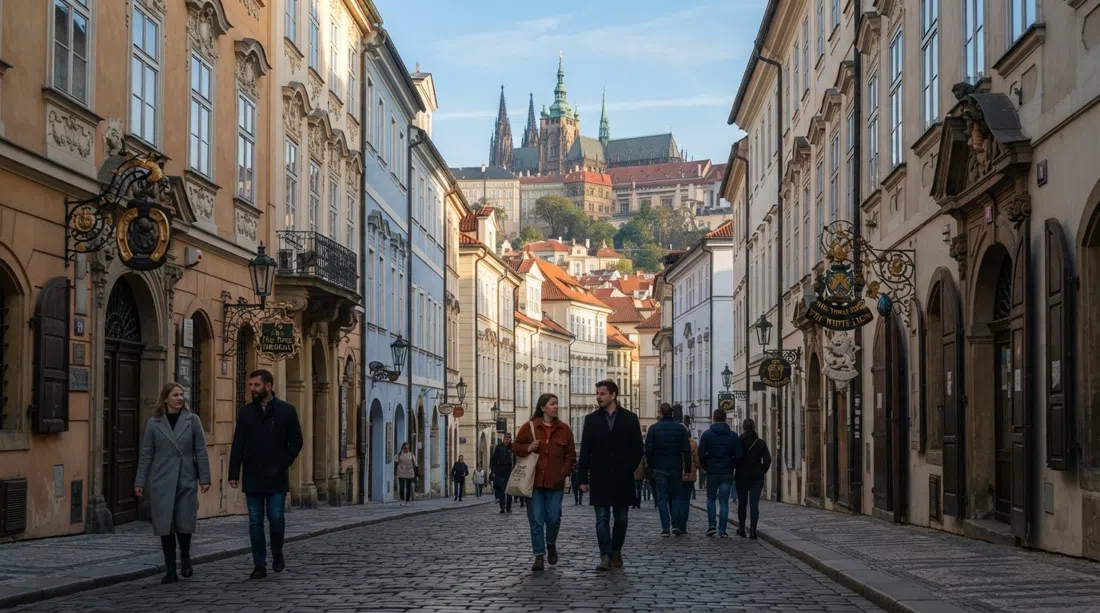the uphill run of Nerudova street in Malá Strana, carved house signs and pastel baroque facades climbing toward Prague Castle in soft morning light