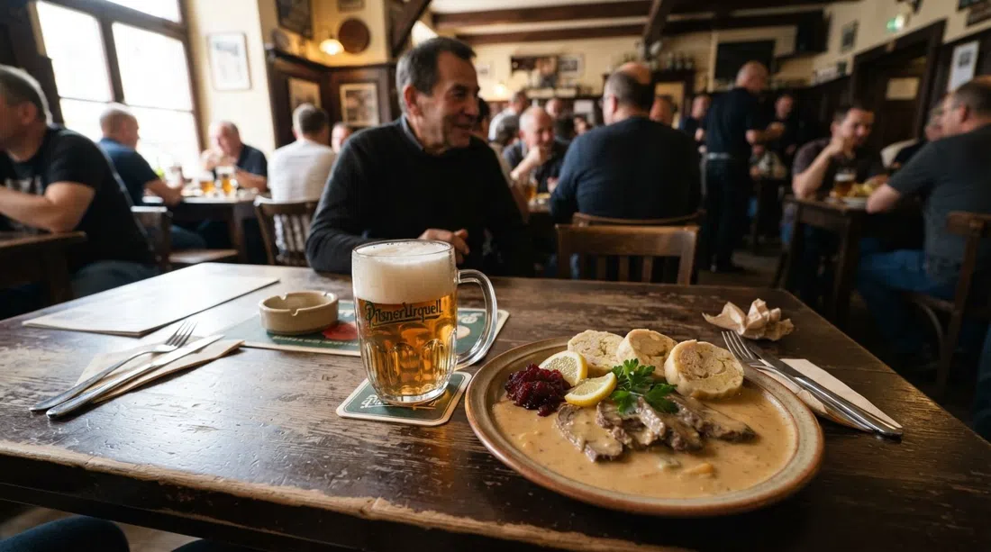 a tank-fresh Pilsner Urquell and a plate of svíčková at Lokál U Bílé kuželky, honest Czech pub lunch on a busy Malá Strana table