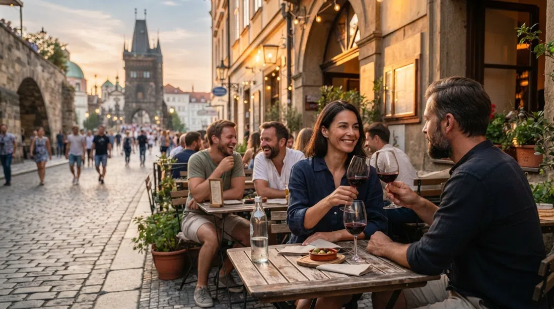 the street terrace at Ikona Wine Bar on Míšeňská at sunset, glasses of wine and the Charles Bridge atmosphere just beyond the frame