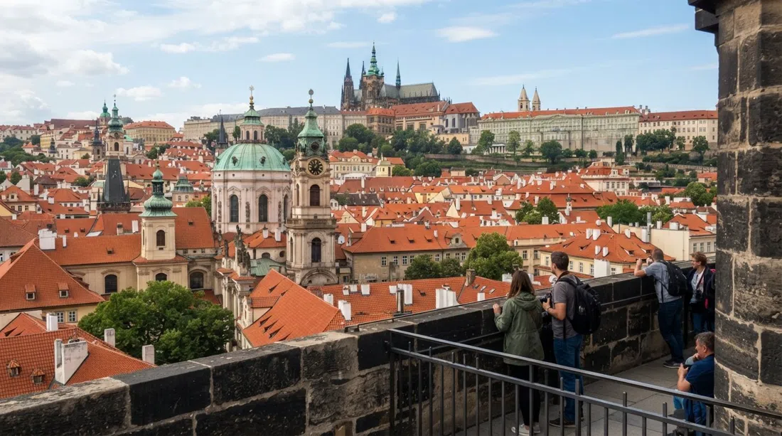 the bell tower view from the Church of St. Nicholas, red rooftops and baroque domes spreading across Malá Strana toward Prague Castle