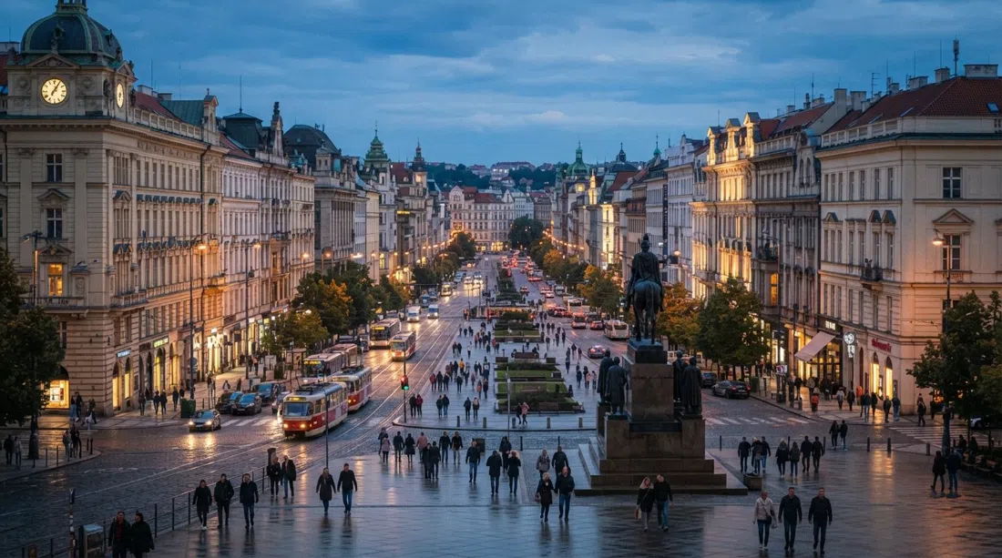 Wenceslas Square viewed from the National Museum at the top, the long sloping boulevard descending past shopfronts, trams and evening traffic
