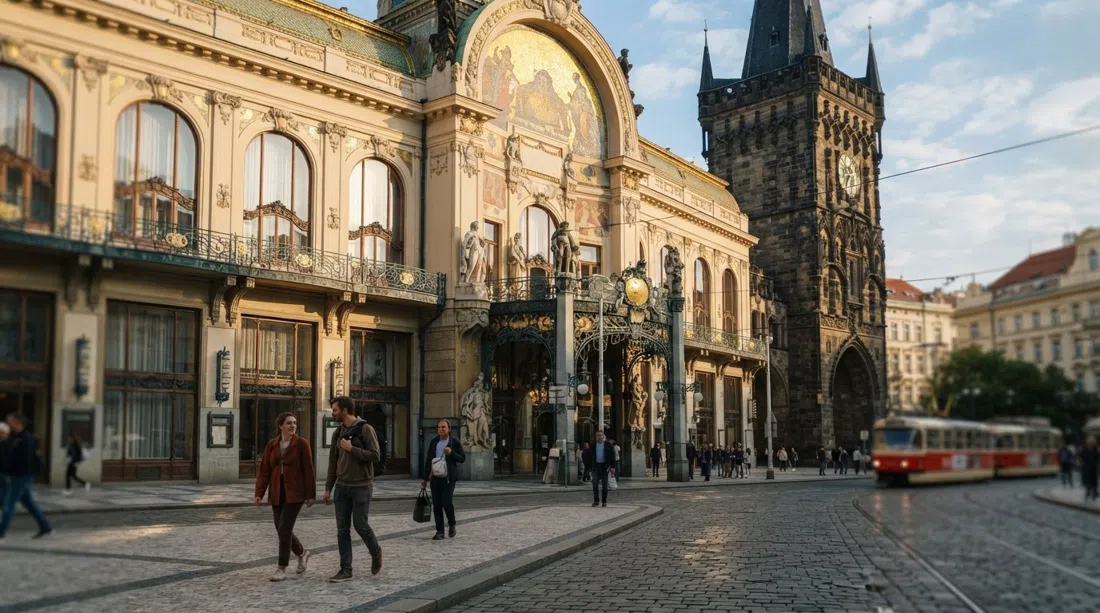 the Municipal House façade near the Powder Tower, with Mucha murals, ornate Art Nouveau detail and pedestrians passing in late-afternoon light