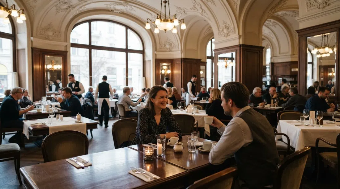 Café Louvre interior with early-20th-century coffeehouse atmosphere, polished tables, high ceilings and afternoon light on Národní