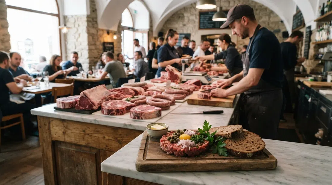 a counter at Kantýna with butcher cuts on display, marble surfaces and a plate of beef tartare in the foreground