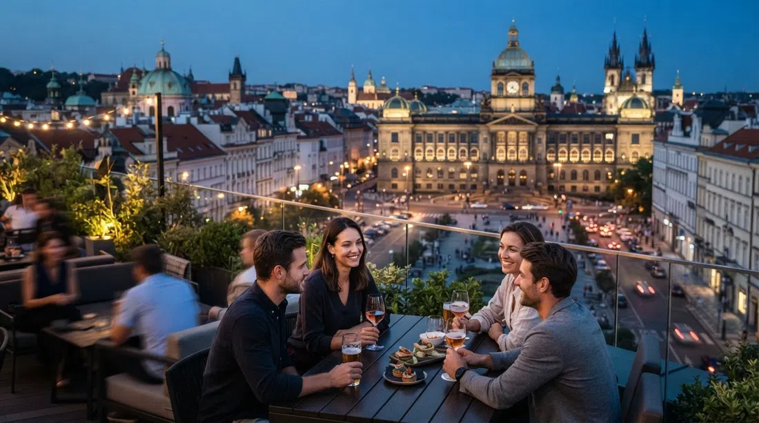the Above rooftop bar at W Prague looking over Wenceslas Square and the surrounding rooftops at dusk