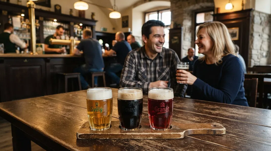 Das Innere der Staropramen-Besucherzentrum-Bar im Stil einer tschechischen Hospoda, Verkostungsgläser mit hellem Bier, Dunkelbier und Granát-Spezial auf einem Holztisch unter warmem Licht