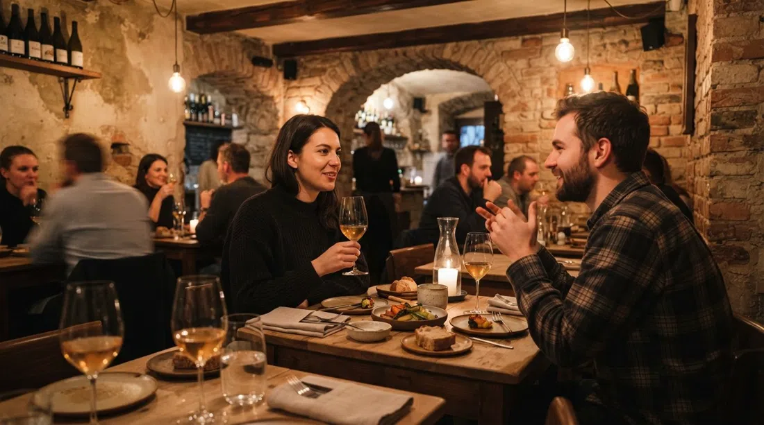 Bockems kleiner Sichtziegel-Speiseraum in der Elišky Peškové, gedeckt für ein saisonales Tasting-Menü mit Naturweingläsern und intimer warmer Beleuchtung