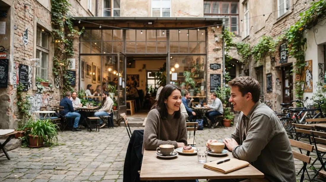 Kavárna co hledá jméno’s Innenhof in der Stroupežnického, helle Café-Fenster, Galeriewände und eine ruhige Tischszene abseits des Andël-Verkehrs