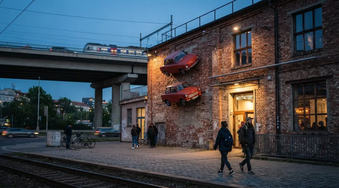 MeetFactories Fassade mit den zwei roten Autos an der Wand, eingerahmt von Hochstraße und Bahngleisen in der Dämmerung