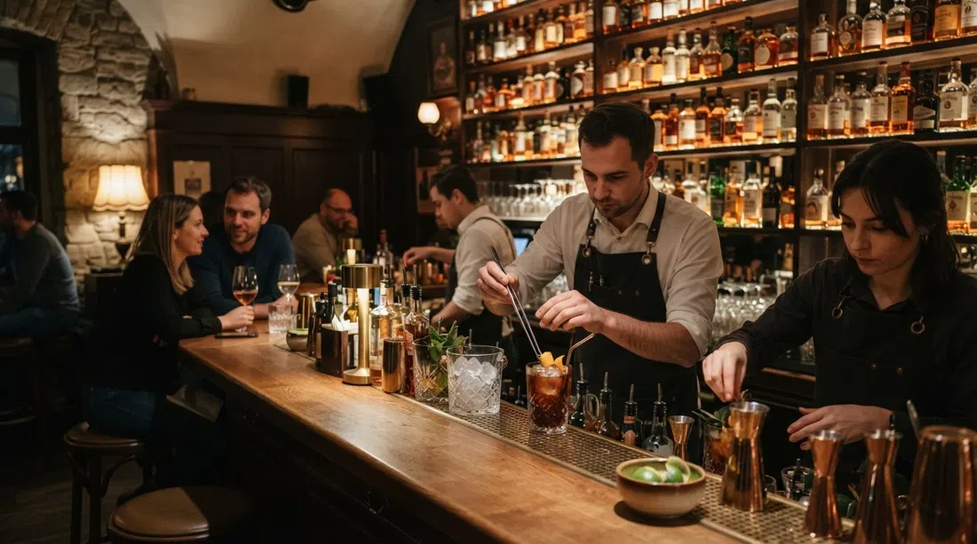 프라하의 Hemingway Bar, 어두운 스피크이지 조명 아래 정성스럽게 혼합된 칵테일과 바 뒤 럼 선반
