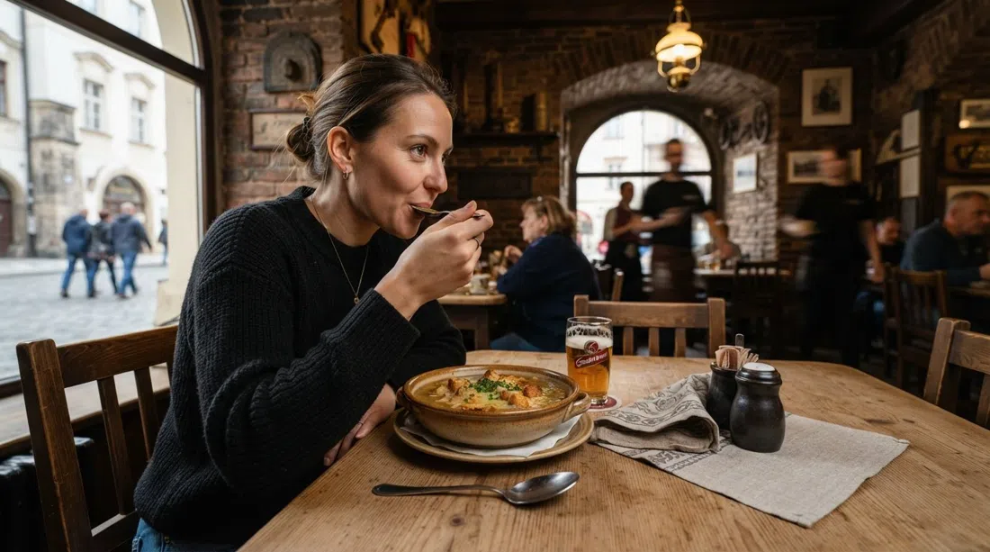 a table at U Kroka on Vratislavova with a bowl of česnečka, dark brick walls and high ceilings in the background