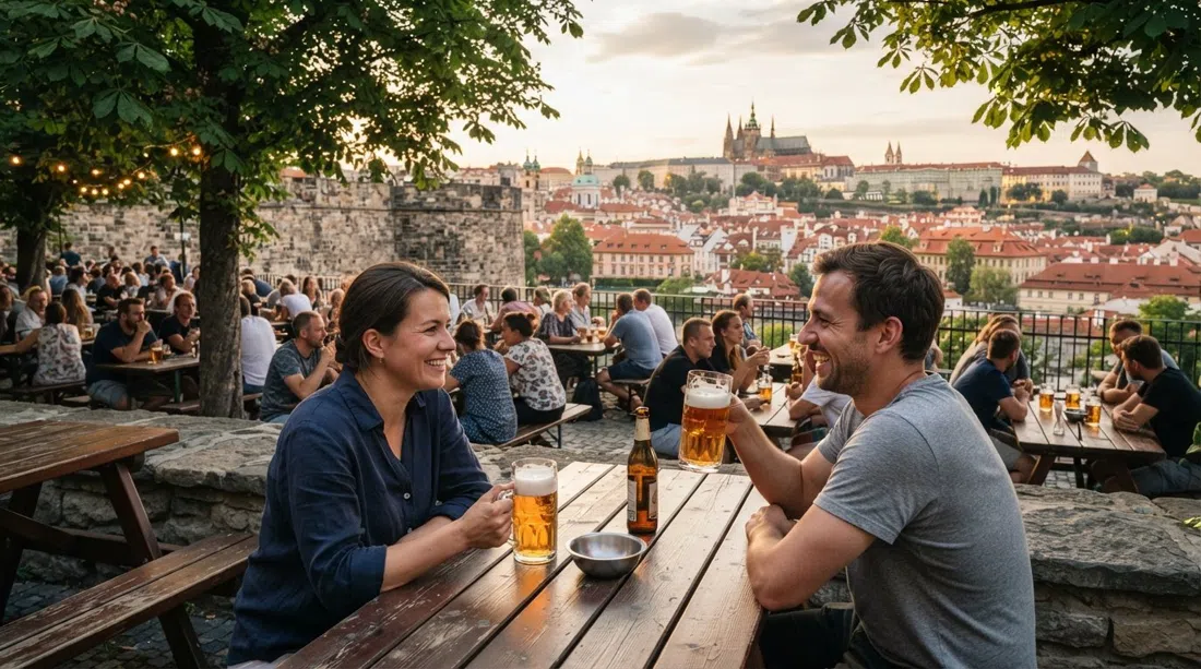 the Na Hradbách beer garden at Bastion XXXIV, picnic tables under trees, Czech lager glasses, and rooftops beyond the fortress wall at golden hour