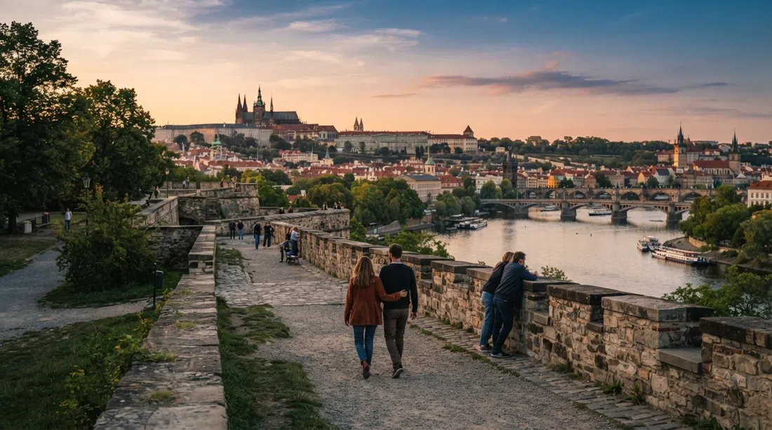 the Vyšehrad ramparts near Cibulka bastion at sunset, with the Vltava river, Prague Castle and Old Town in the distance