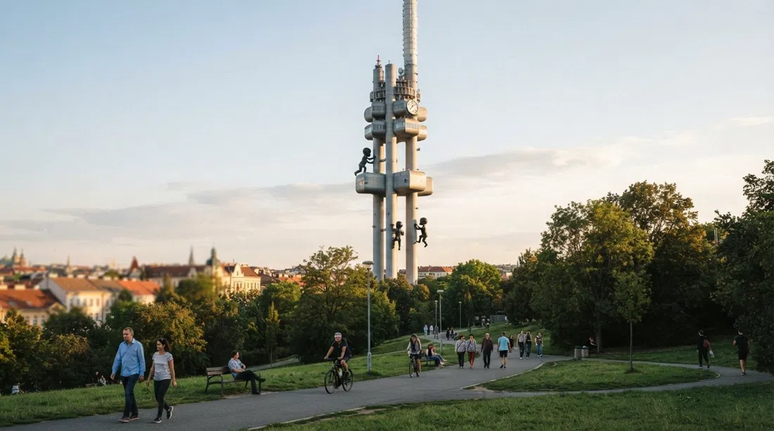 the Žižkov Television Tower rising above Mahlerovy sady, with David Černý’s crawling babies visible on the steel pylons in late-afternoon light