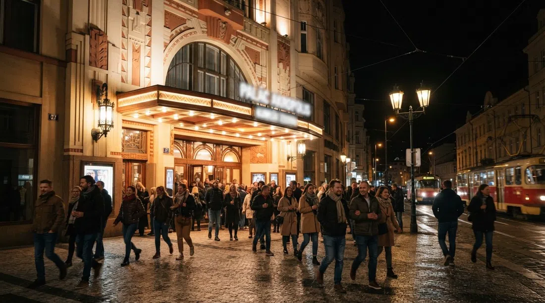 the Art Deco facade of Palác Akropolis on Kubelíkova 27 at night, with people arriving for a concert under warm streetlights