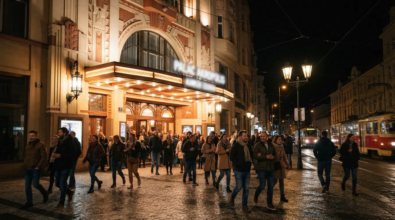 the Art Deco facade of Palác Akropolis on Kubelíkova 27 at night, with people arriving for a concert under warm streetlights