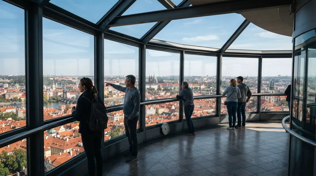 the 93-metre observation deck inside the Žižkov Television Tower, with wraparound windows and Prague spread out below in clear daylight