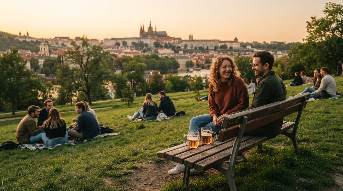 Riegrovy sady all'ora d'oro, panchine sul pendio erboso di fronte al Castello di Praga all'orizzonte, bicchieri di birra che catturano l'ultima luce