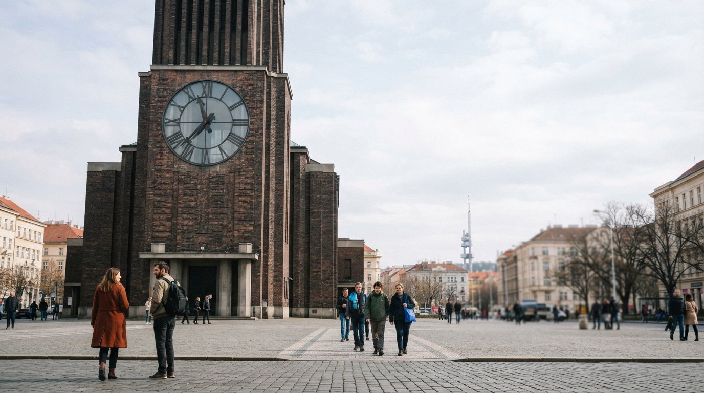 la Chiesa del Sacro Cuore di Nostro Signore in náměstí Jiřího z Poděbrad, facciata in mattoni scuri e gigantesco orologio in vetro sotto un cielo praghese pallido