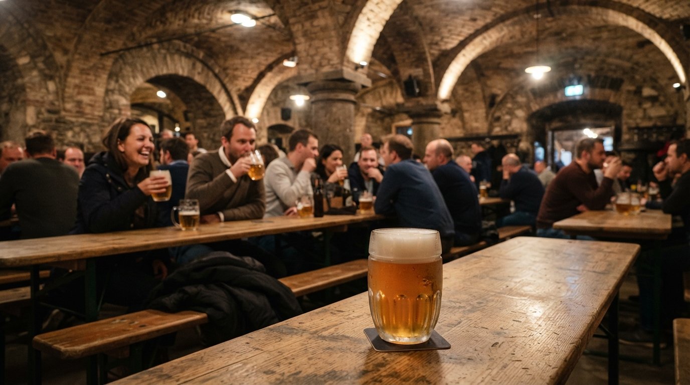 l'interno della cantina a volta del Vinohradský Pivovar, file di tavoli di legno e un boccale di lager non pastorizzata sotto una calda luce soffusa