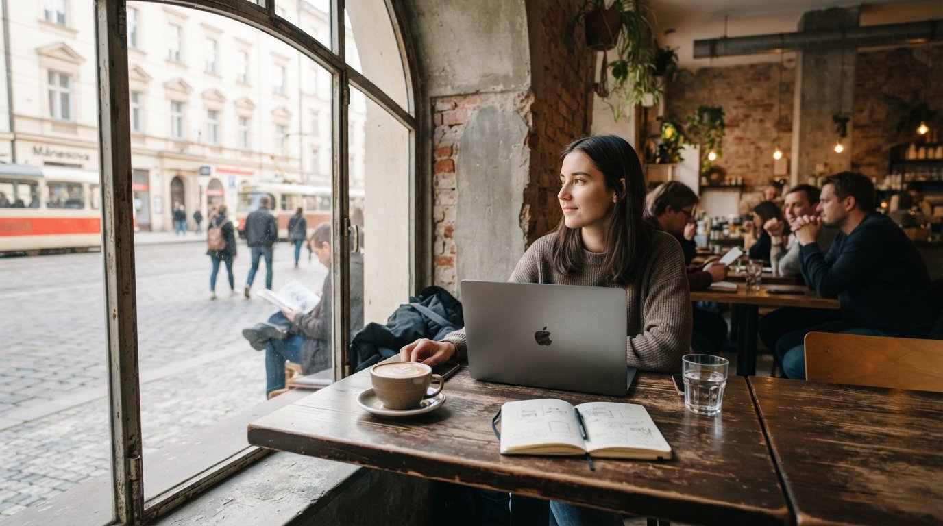 un tavolino al Kavárna co hledá jméno su Mánesova, un flat white accanto a un laptop e la luce del giorno che si riversa dalla finestra