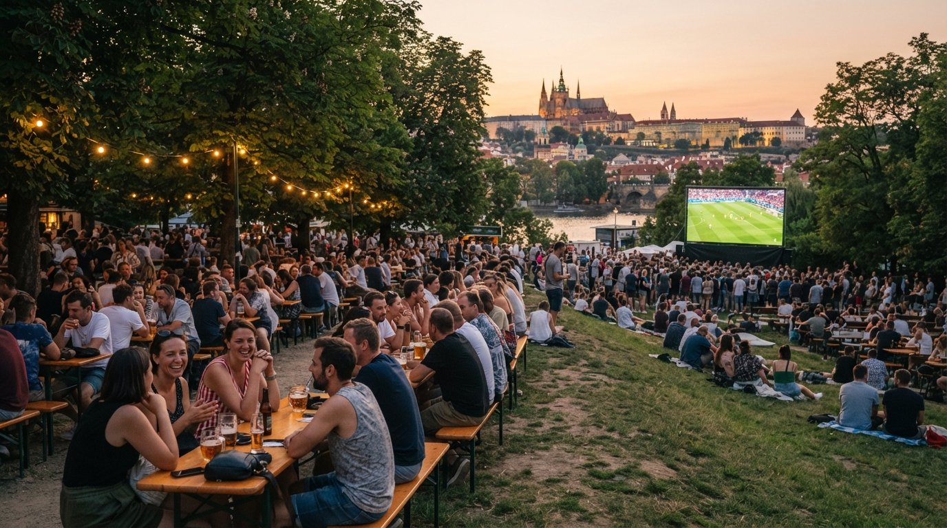 la birreria all'aperto di Riegrovy sady in estate, lunghe panche sotto gli alberi, calcio su un grande schermo e un pendio con vista del castello al tramonto