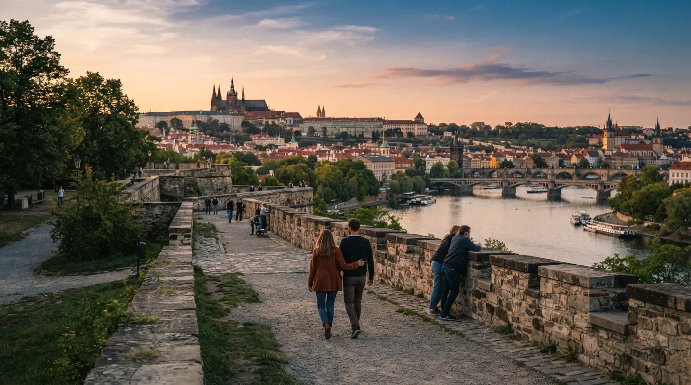 the Vyšehrad ramparts near Cibulka bastion at sunset, with the Vltava river, Prague Castle and Old Town in the distance